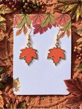 New Handmade Gold-Tone and Orange Fall Leaf Dangle Earrings